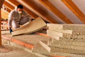 roofer installing thermal insulation layer under the roof